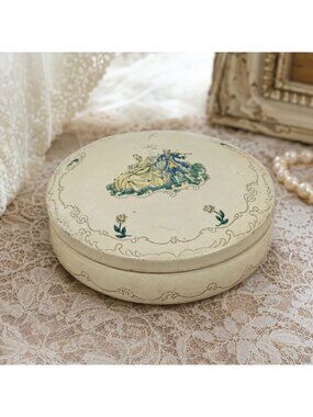 Vintage Tin Round Trinket Box With Victorian Couple Design 5" Diameter
